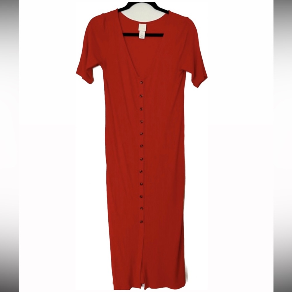H&M Button Front Ribbed Midi Dress - Small
